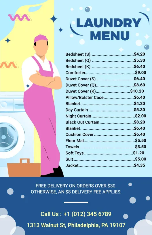 Playful Blue and Yellow Laundry Menu Template