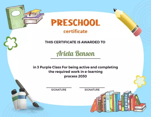 Playful Blue E-Learning Preschool Achievement Certificate Template