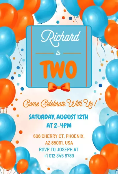 Playful Blue Orange Two Year Birthday Celebration Invitation Template