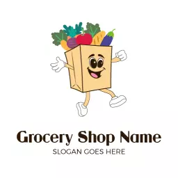 Playful Cartoon Character with Groceries for Grocery Logo Template