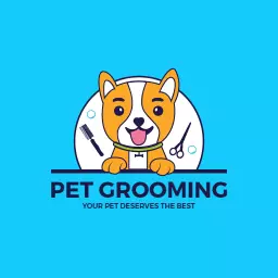 Playful Cartoon Dog with Pet Grooming Tools Logo Template