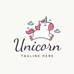 Playful Cartoon Unicorn with Colorful Clouds and Stars Logo Template