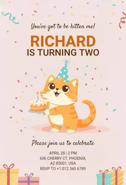 Playful Cat Birthday Celebration Turning Two Invitation Template