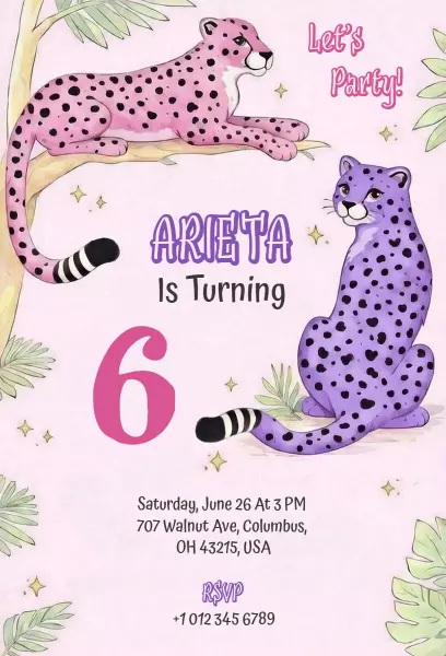 Playful Cheetah Theme Colorful Birthday Celebration Invitation Template
