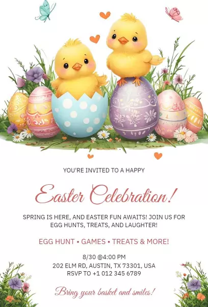 Playful Chick and Egg Hunt Easter Celebration Invitation Template