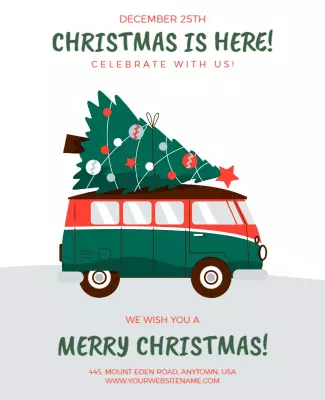 Playful Christmas Tree On Vintage Van Holiday Poster Template