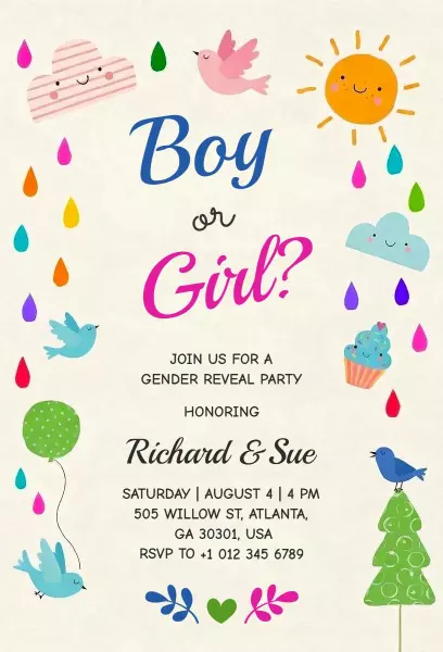 Playful Colorful Boy or Girl Gender Reveal Invitation Template