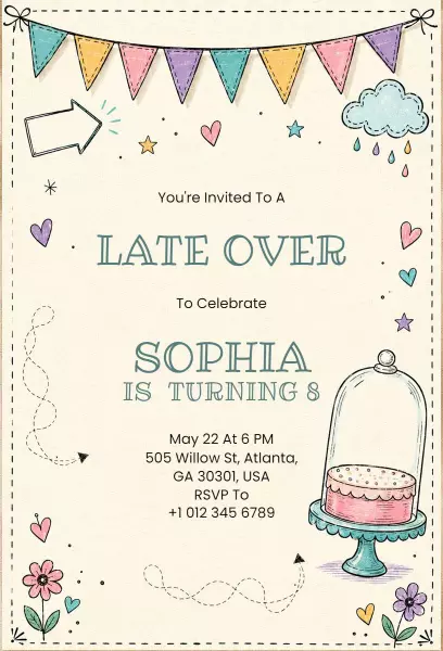 Playful Colorful Late Over Birthday Celebration Invitation Template