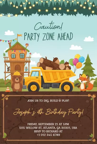 Playful Construction Themed Birthday Celebration Invitation Template