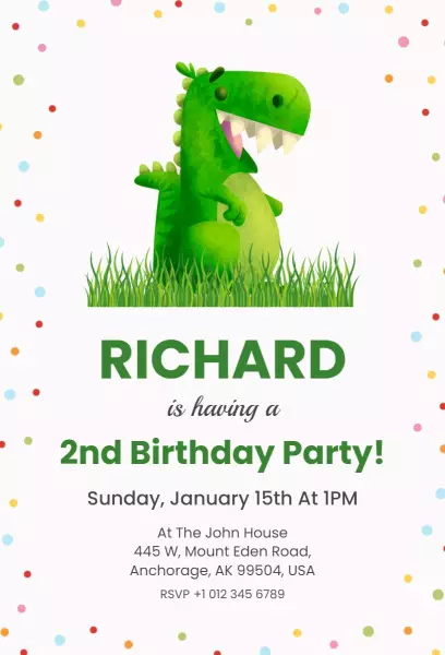 Playful Dinosaur Adventure 2nd Birthday Celebration Invitation Template