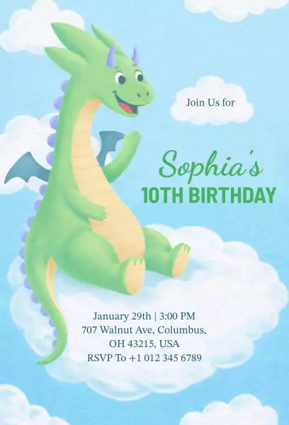 Playful Dragon Theme Colorful Birthday Celebration Invitation Template