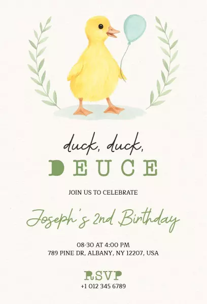 Playful Duckling 2nd Birthday Celebration Invitation Template