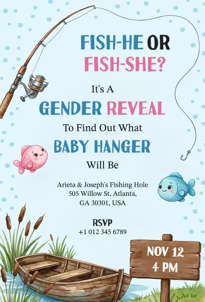 Playful Fishing Theme Gender Reveal Celebration Invitation Template