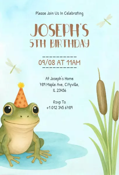 Playful Frog Theme 5th Birthday Celebration Invitation Template