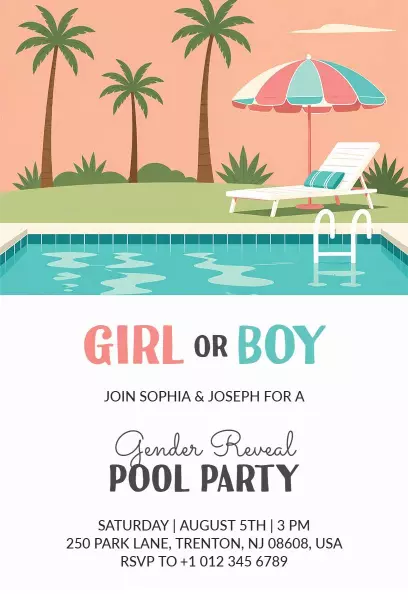 Playful Gender Reveal Pool Party Celebration Invitation Template
