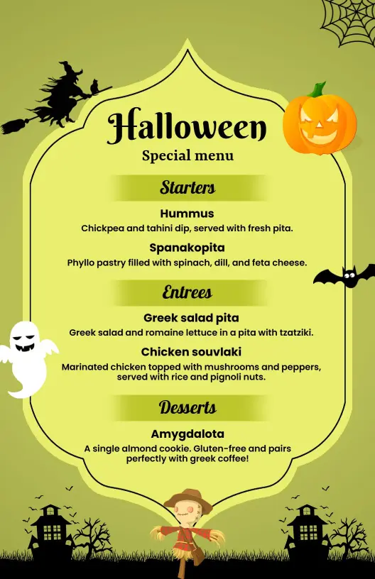 Playful Ghost and Witch Illustration Halloween Menu Template