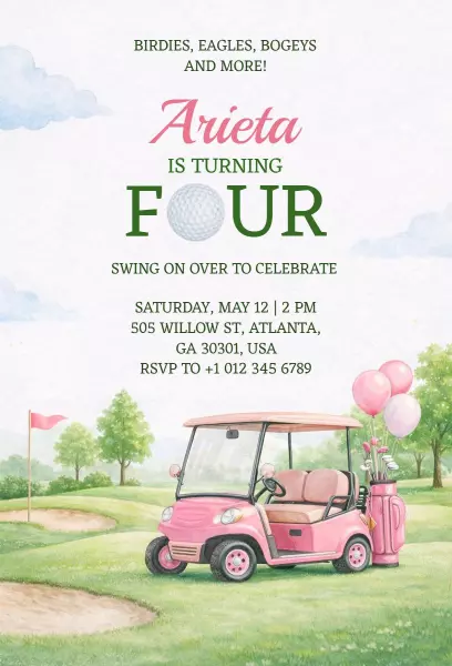 Playful Golf Theme Four-Year-Old Birthday Celebration Invitation Template