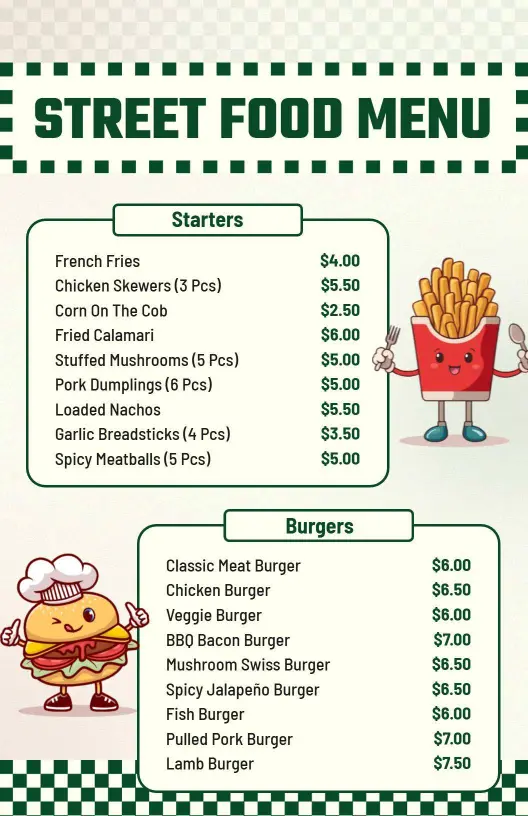 Playful Green Checkered Street Food Menu Template