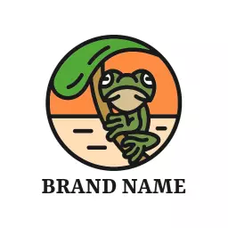 Playful Green Frog Sitting Under Leaf Design Logo Template