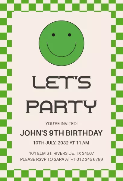 Playful Green Smiley Face 9th Birthday Celebration Invitation Template