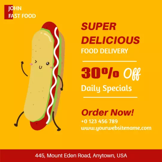 Playful Hot Dog Food Delivery with 30% Off Offer Ad Template