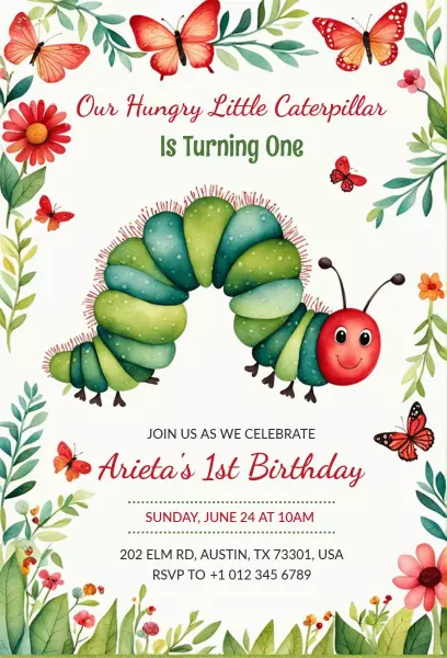 Playful Hungry Caterpillar 1st Birthday Celebration Invitation Template