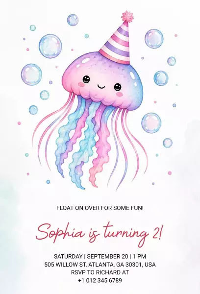 Playful Jellyfish Underwater 2nd Birthday Celebration Invitation Template