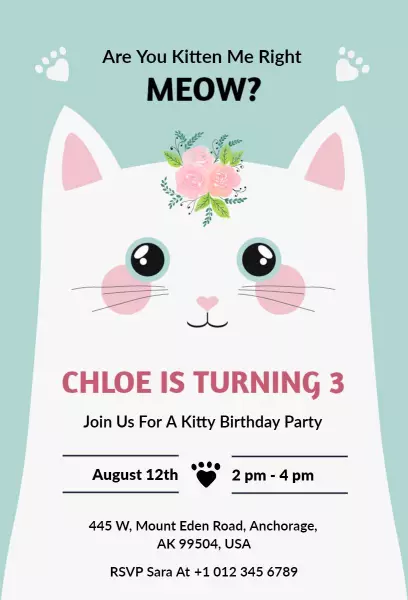 Playful Kitty Floral Cat Birthday Celebration Invitation Template