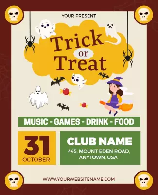 Playful Maroon and Gold Trick or Treat Halloween Party Flyer Template