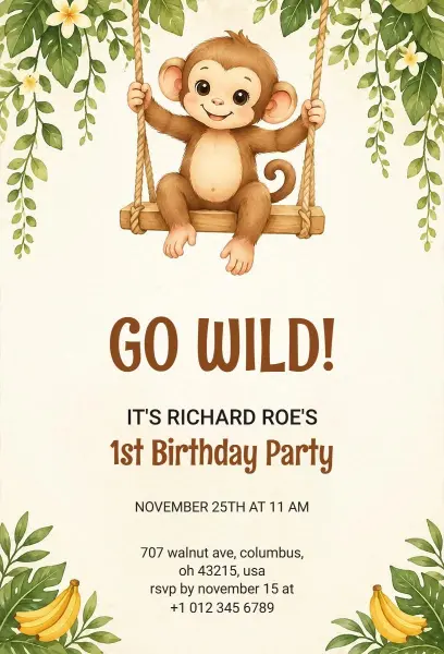 Playful Monkey First Birthday Party Invitation Template