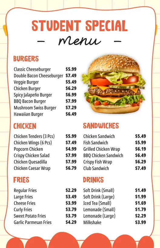 Playful Orange Accents Student Special Food Menu Template