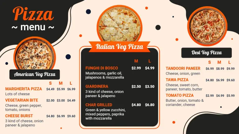 Playful Orange and Black American Veg Pizza Menu Template