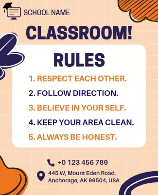 Playful Orange Classroom Rules Educational Poster Template