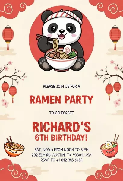 Playful Panda Ramen Party Birthday Celebration Invitation Template