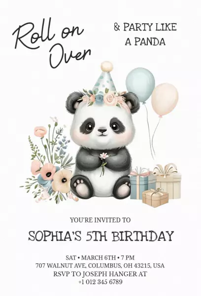 Playful Panda Theme 5th Birthday Celebration Invitation Template