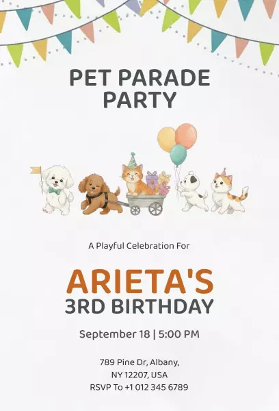 Playful Pet Parade 3rd Birthday Celebration Invitation Template