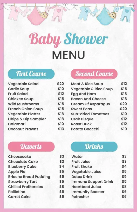 Playful Pink and Blue Baby Shower Event Menu Template