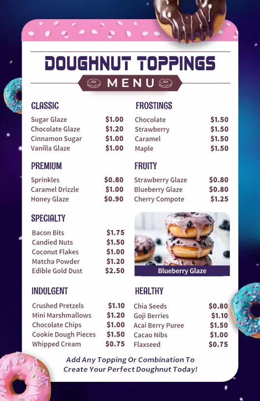 Playful Pink and Blue Doughnut Toppings Menu Template