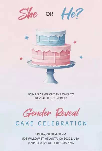 Playful Pink Blue Gender Reveal Cake Celebration Invitation Template