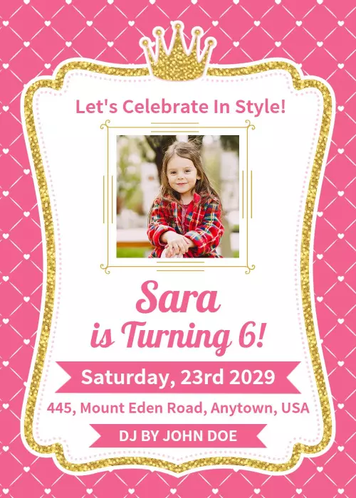 Playful Pink Crown Photo Birthday Celebration Invitation Template