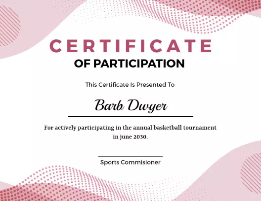 Playful Pink Dot Pattern Basketball Participation Certificate Template