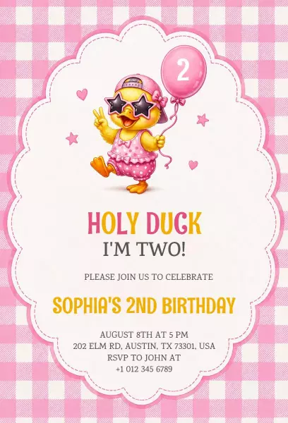 Playful Pink Duck Theme 2nd Birthday Celebration Invitation Template