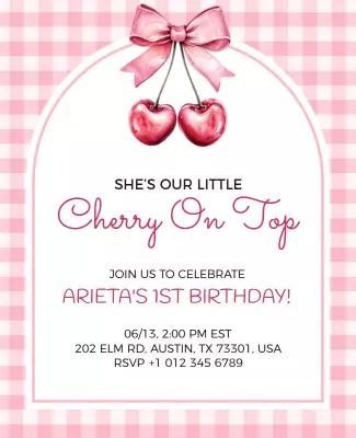 Playful Pink Gingham Cherry-Themed Birthday Celebration Poster Template