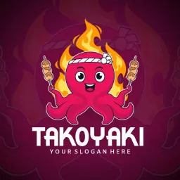 Playful Pink Octopus with Flames Representing Takoyaki Logo Template