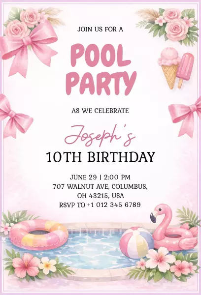 Playful Pink Pool Party Celebration for Birthday Invitation Template