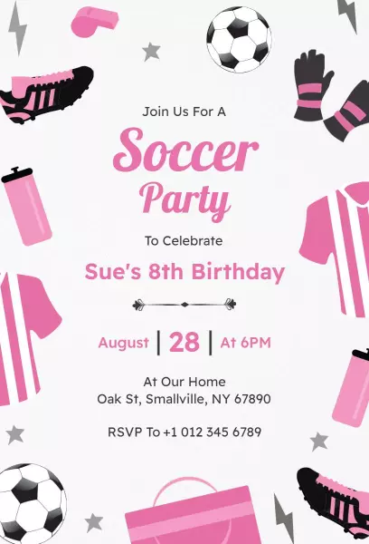 Playful Pink Soccer Theme Birthday Celebration Invitation Template