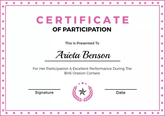 Playful Pink Star-Themed Participation Award Certificate Template