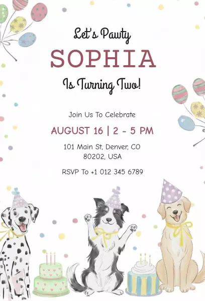 Playful Pooch Two-Year Birthday Party Invitation Template