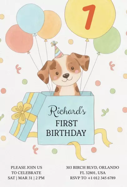 Playful Puppy Balloon Theme 1st Birthday Invitation Template