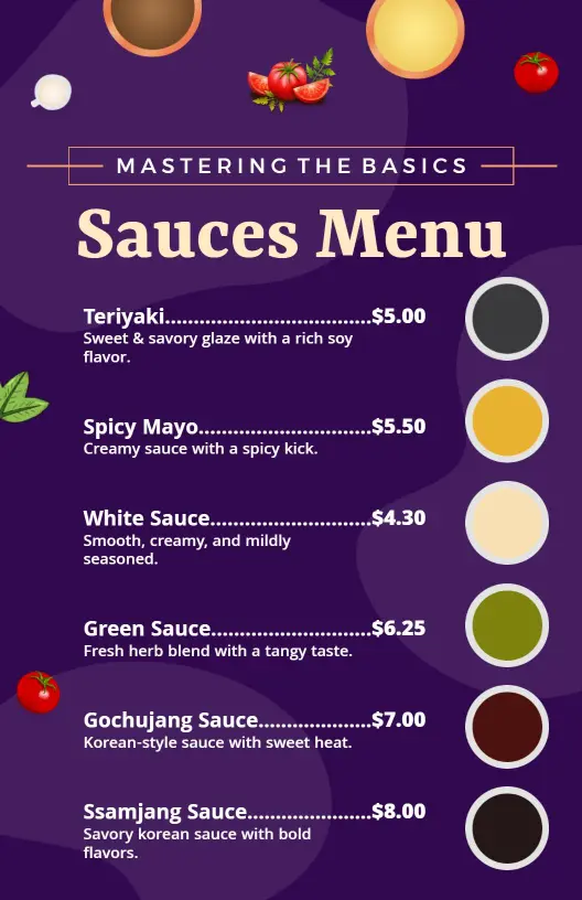 Playful Purple Background for Creative Sauces Menu Template